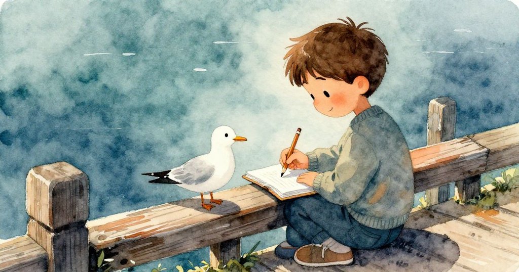 Milo靠近老舊欄杆坐著，用鉛筆專注描繪飛翔的海鷗，畫冊上初現線條，神情專注寧靜。