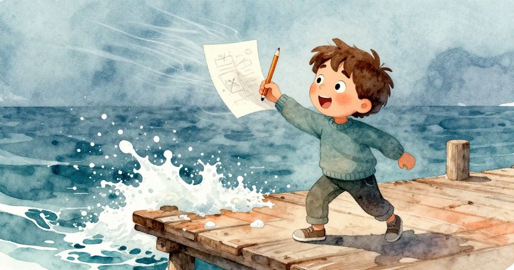 Milo驚訝地伸手追逐被風吹走的畫頁和折斷的鉛筆，海水輕拂鞋邊，動態緊張又生動。