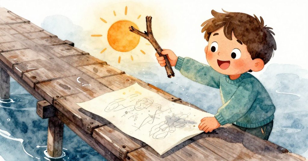 Milo用日曬過的樹枝輕撥濕透帶炭痕的畫頁，臉上流露驚喜微笑，手部細節清晰。