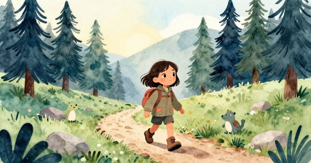 Mira走在山徑上,周圍有松樹和小動物相伴,步伐輕快充滿期待