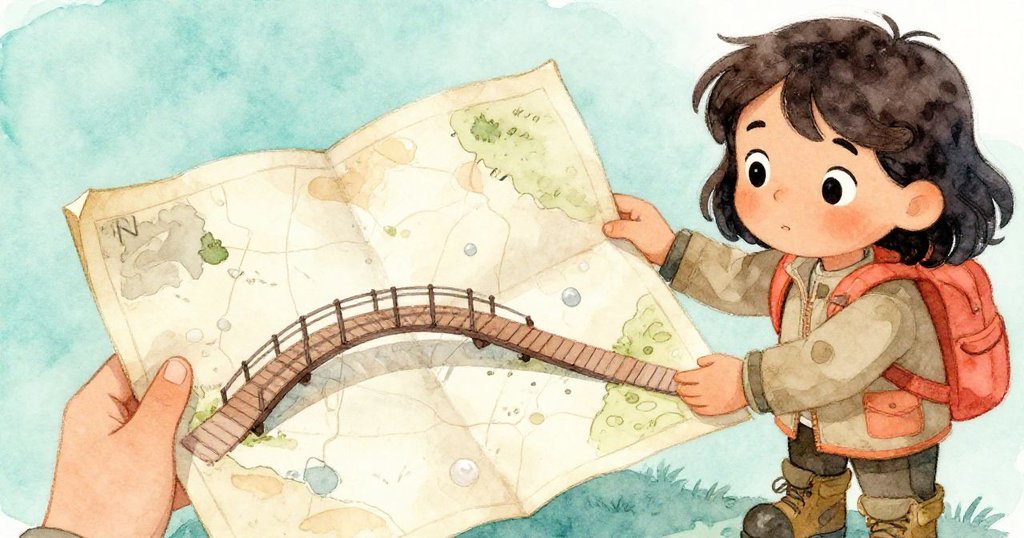 Mira專注地讀地圖,手指輕觸地圖上古老小橋細節,充滿好奇與懷舊