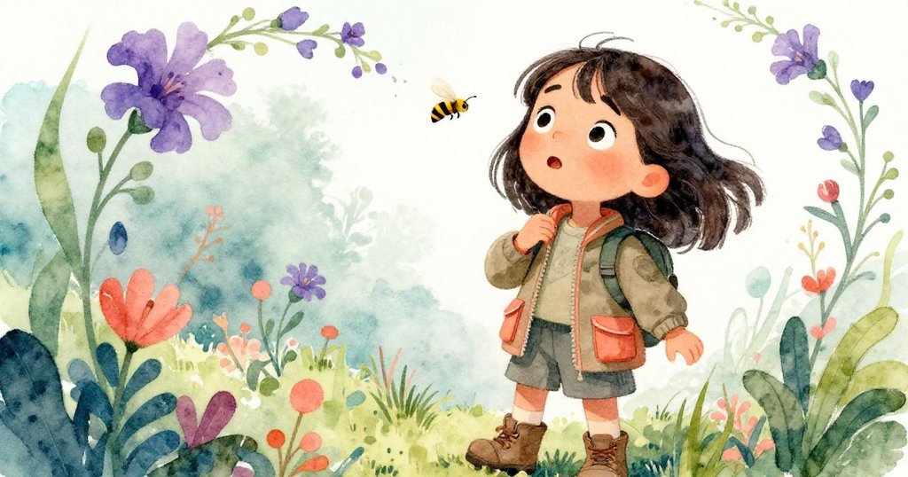 Mira望向飛舞的黃蜂,周圍紫花搖曳,畫面角度特殊充滿驚奇