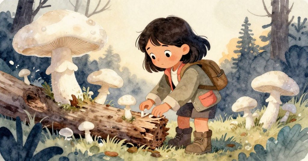 Mira輕觸腐木上巨大蘑菇,神情複雜流露懷舊與謹慎感受森林秘密