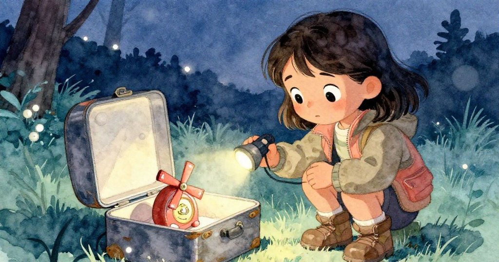 Mira溫柔打開生鏽金屬盒,盒中微型發條音樂玩具散發神秘光芒,充滿寧靜驚奇