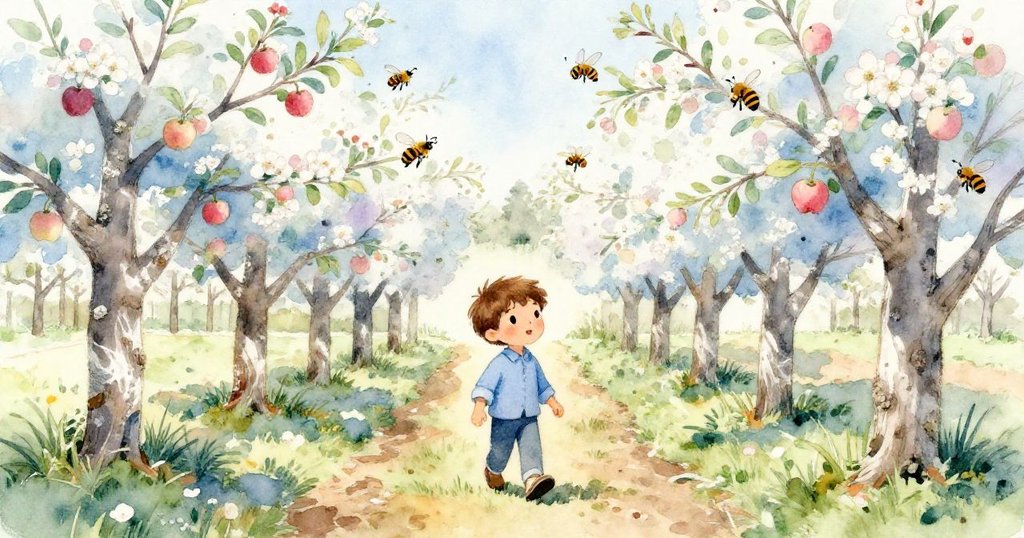艾登穿著藍衣沿著滿佈蘋果樹的小徑前進，籃子擺動，樹皮透著銀光，蜜蜂穿梭花間，景色寧靜明亮。