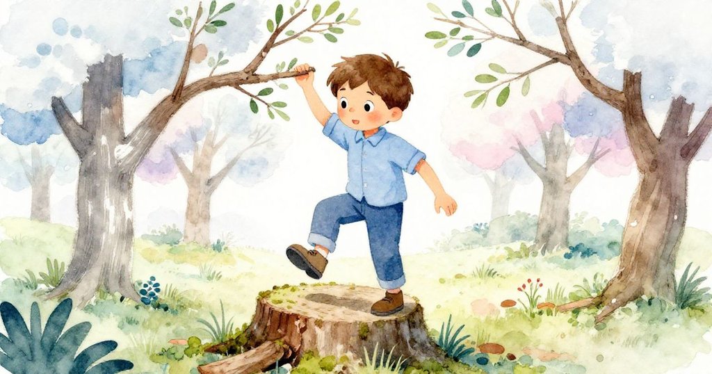 艾登腳踩苔蘚覆蓋的樹墩時鞋子滑動，急忙伸手抓樹枝，背景樹林透出斑駁光影，神情驚慌。