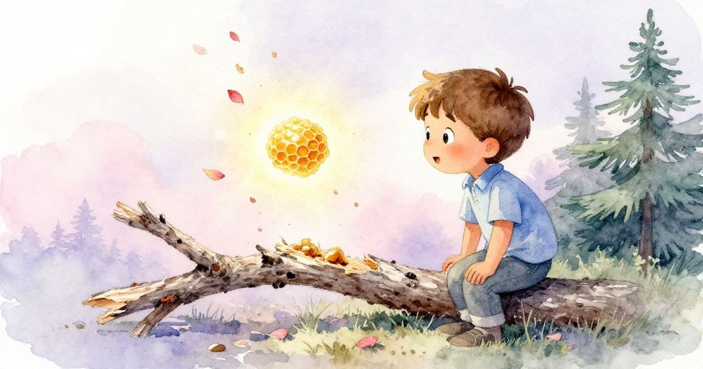 艾登凝視剝落樹枝中露出的蜂巢，柔光中花瓣輕舞，色調夢幻如同回憶，呈現溫柔詩意景致。