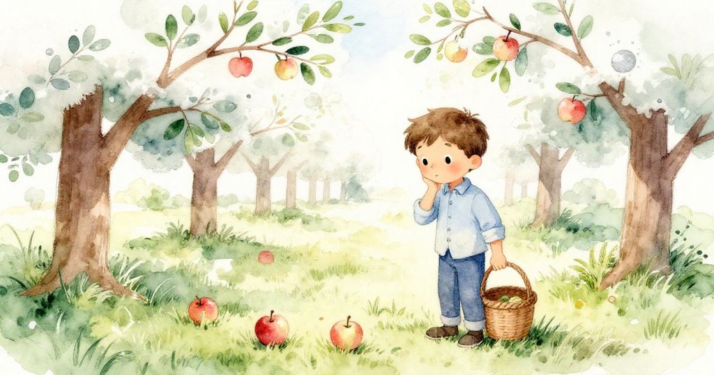 艾登退後觀察樹下滾落在草地上的蘋果，神情沉思在自然光中展現謹慎與果斷的瞬間。