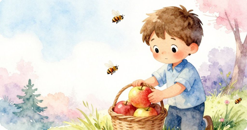 艾登溫柔將帶斑點的蘋果放入籃中，蜜蜂靜靜飛舞，陽光灑落草地，展現自然回饋與寧靜收穫。