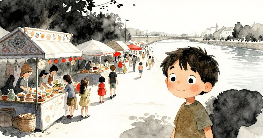 羅倫在熱鬧市集中指向精緻萬花筒，河岸風光襯托市場熱潮，充滿驚奇與忙碌氛圍