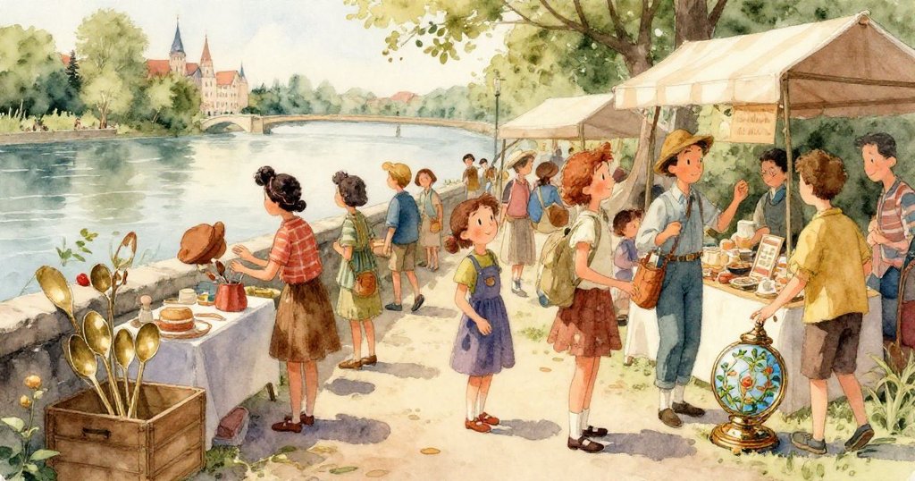 精緻萬花筒置於老攤位上，周圍銅匙點綴，細膩藤蔓與金鳥雕飾蘊含歷史感