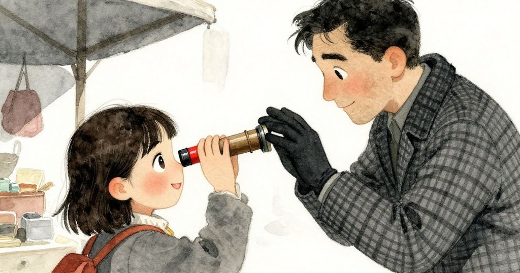 羅倫側背專注旋轉萬花筒，身旁手套男子伸手參與，背景隱約市集熱鬧，充滿好奇與互動情感