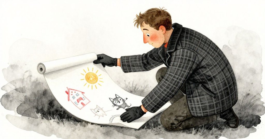 男子蹲下輕抬捲紙，紙上彩蠟筆畫著太陽、房子與怪誕貓，溫暖午後光線中散發隱藏魔法