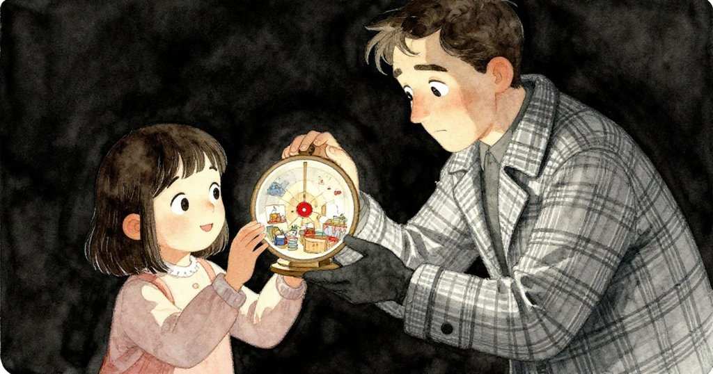 羅倫與男子面露驚愕，共同穩住顫抖萬花筒，內部僅見蒼白木質，陳舊市集細節襯托緊迫氣氛