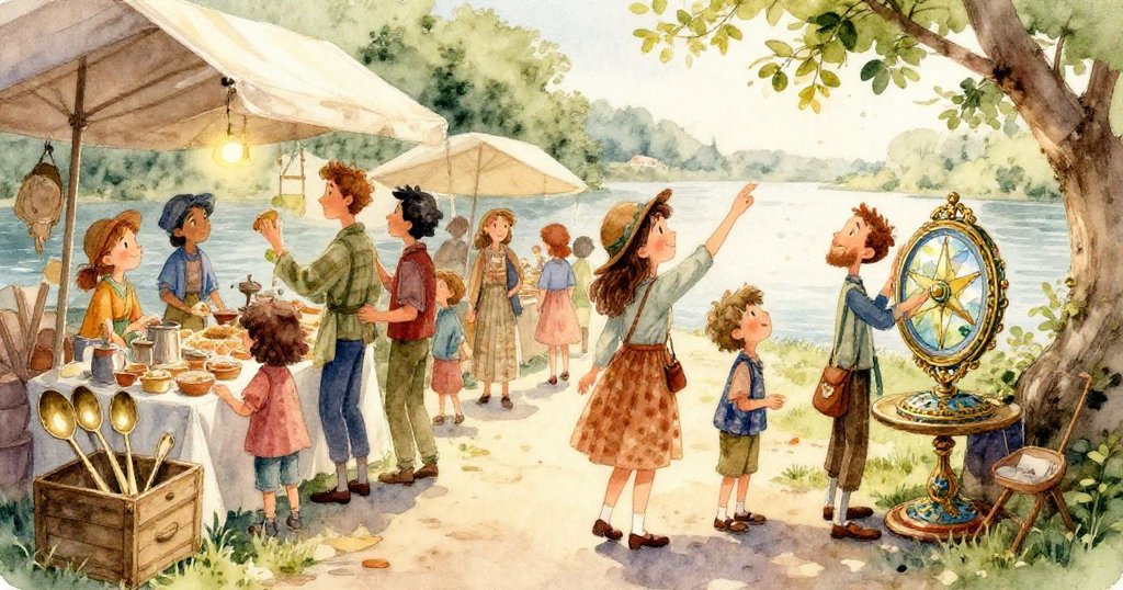 市場中好奇孩童拾起失色萬花筒，在銅燭台間重現紅藍漩渦，笑聲中尋回奇幻童真