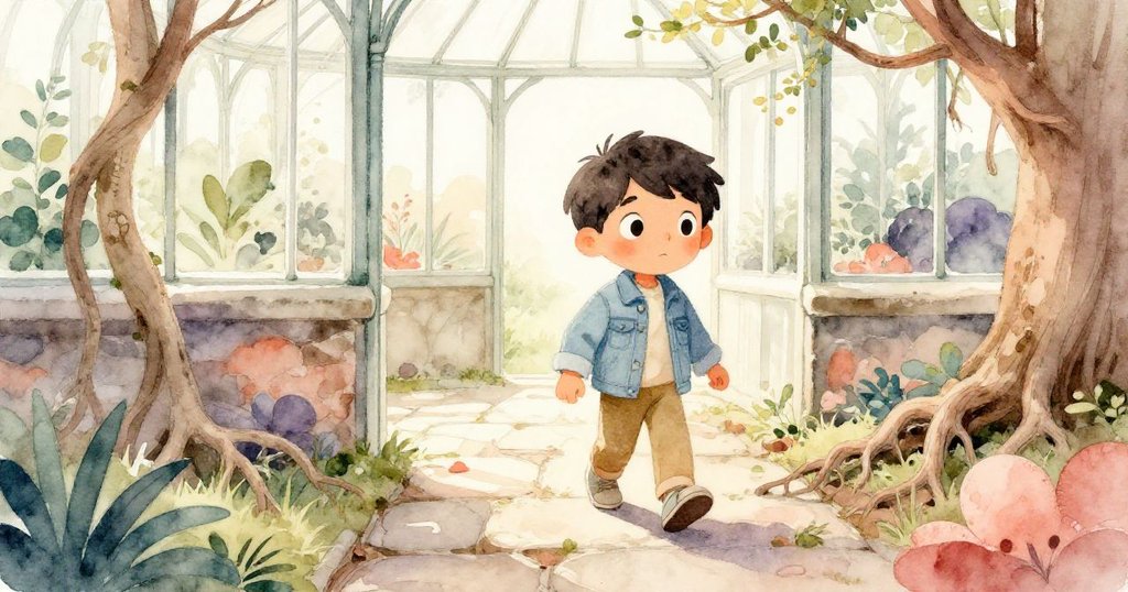 Leo蹲下小心踏著長滿老藤與根系的石板路，專注尋找白色蝴蝶，展現堅毅與探索中的細膩動作。