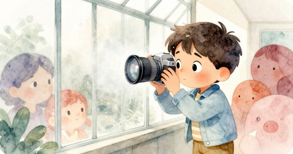 Leo在玻璃窗旁仔細擦拭因水蒸氣模糊的相機鏡頭，臉上流露出關切與堅定，窗外綠意與光影輕柔交融。