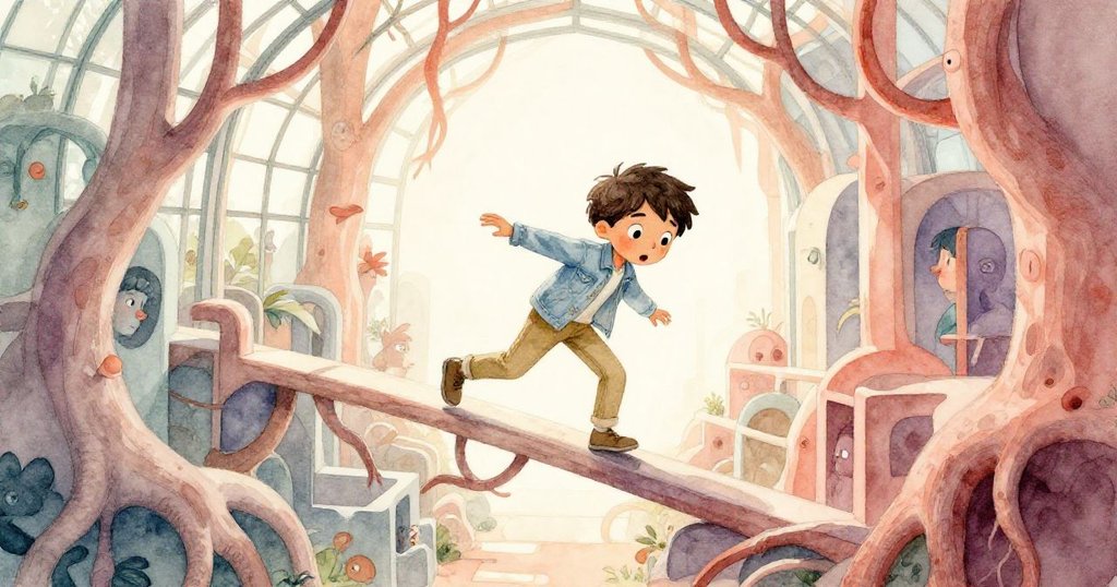 Leo在扭曲交織的藤蔓與彎曲欄杆中失足，眼神驚訝急忙穩住身形，呈現出充滿迷幻與不確定的瞬間。