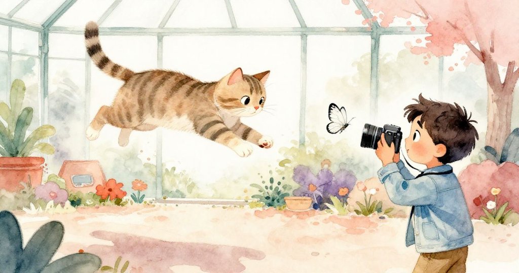 Leo瞬間拍攝到條紋貓跳躍驚起，白蝴蝶輕落於袖口，臉上滿是驚喜與專注，展現關鍵轉折的動感場景。