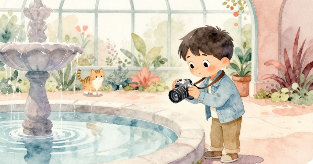 Leo放下相機，站於寬闊平靜的溫室中，水面映出柔和光影與遠處的條紋貓，臉上流露滿足與釋然，故事落幕。