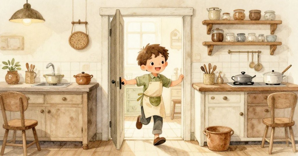 路克踏入溫馨社區廚房，臉上帶著期待微笑，背景有瓷磚與金屬鍋具，氣氛溫暖安靜。