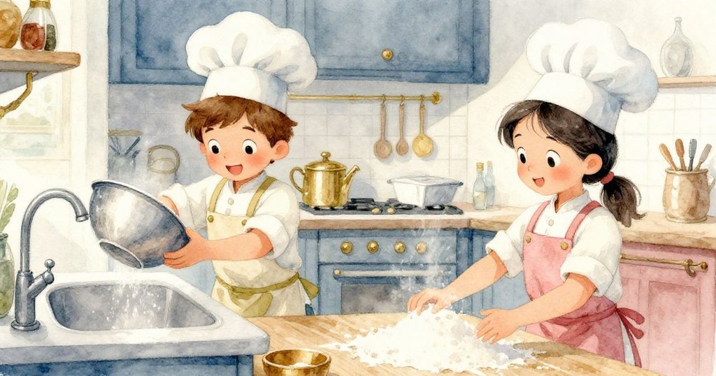 羅莎伸手拿麵粉，路克急忙接住滑動的銀色碗，廚房忙碌中充滿溫馨合作與細膩動作。