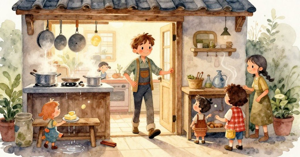 從小動物視角看見肉桂雲繚繞在巧克力糊上，微細廚房細節與溫暖光影營造出神奇烘焙瞬間。