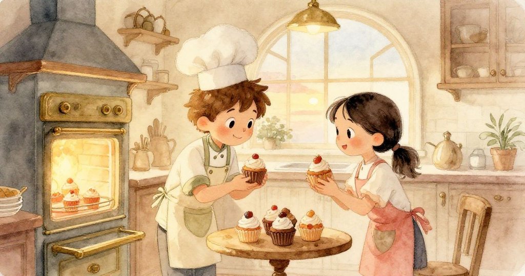 夕陽映照下，路克與羅莎在發光爐前欣賞剛出爐的杯子蛋糕，臉上流露滿足笑容，廚房溫馨寧靜。