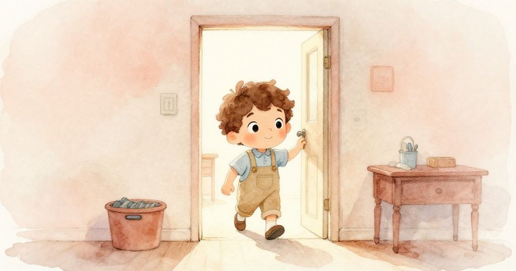 米洛走進晨光柔和的狹小儲藏間,環境溫馨,架上擺滿多彩籃子,展現故事開端的充滿希望情境。