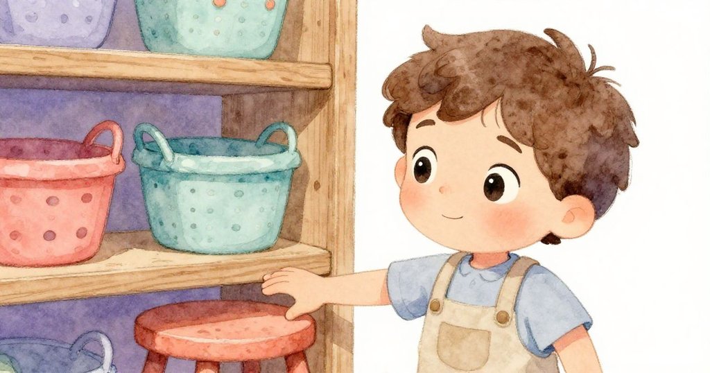 米洛伸手觸碰短凳,特寫展示木頭紋理與多彩籃子細節,展現整理過程中的用心與溫馨氛圍。