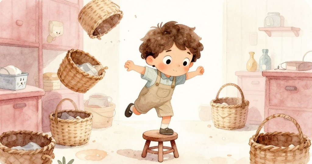 從背後看米洛踩上搖晃的凳子,籃子輕微顫動,他神情略顯緊張,展現場景發展中的轉折與緊迫感。