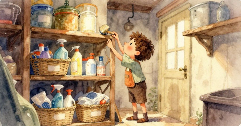 在反光效果中,海綿滑動撞擊洗滌盒邊緣,米洛焦急表情隱於倒影,場景呈現夢幻般的緊迫瞬間。