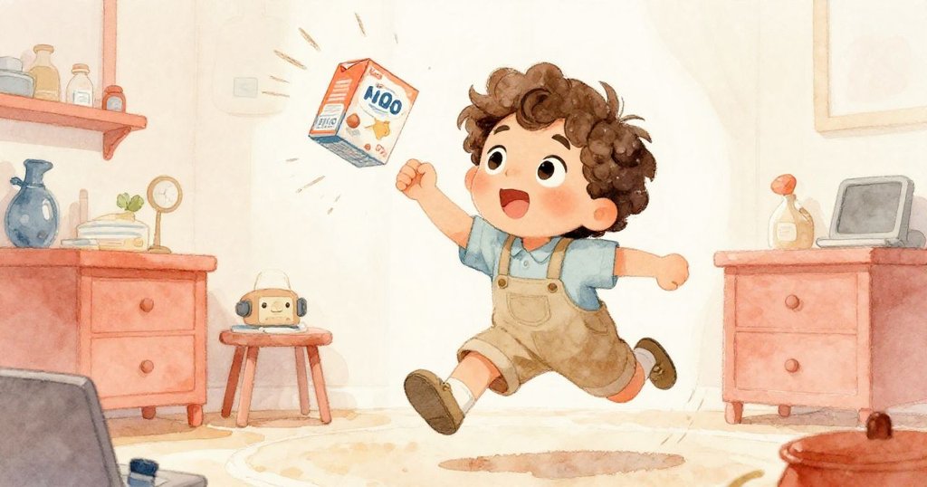 米洛迅速跳下捕捉即將倒下的洗滌盒,動態姿勢與果斷表情展現勇敢化解危機的精彩瞬間。