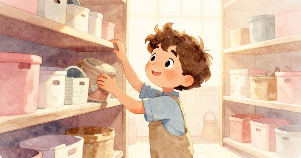 金色夕陽裡米洛微笑整理儲藏間,穩放洗滌盒及凳子,環境回歸平靜溫馨,完美展現解決危機的結局。