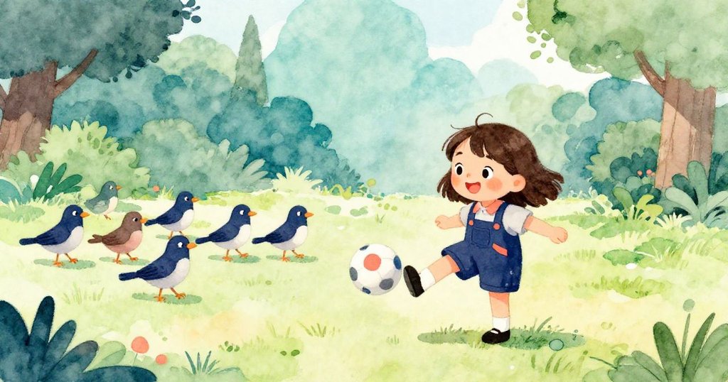 陽光明媚的院子，Mia準備踢球，背景有群鳥悠閒行動，充滿活力與期待的場景