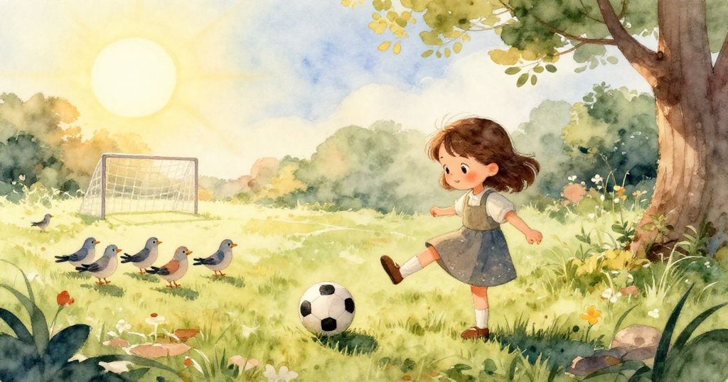 Mia的軟球近拍展現細膩質感，被綠草輕柔包覆，畫面充滿童趣與自然美感