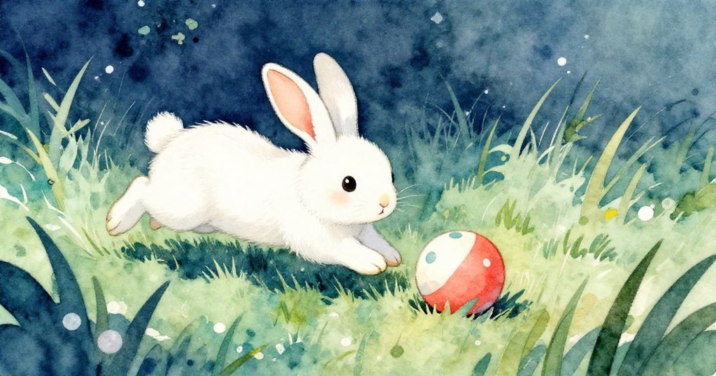 兔子從濃密草叢中躍出，輕觸隱藏的球，畫面展現出兔子好奇俏皮的神情