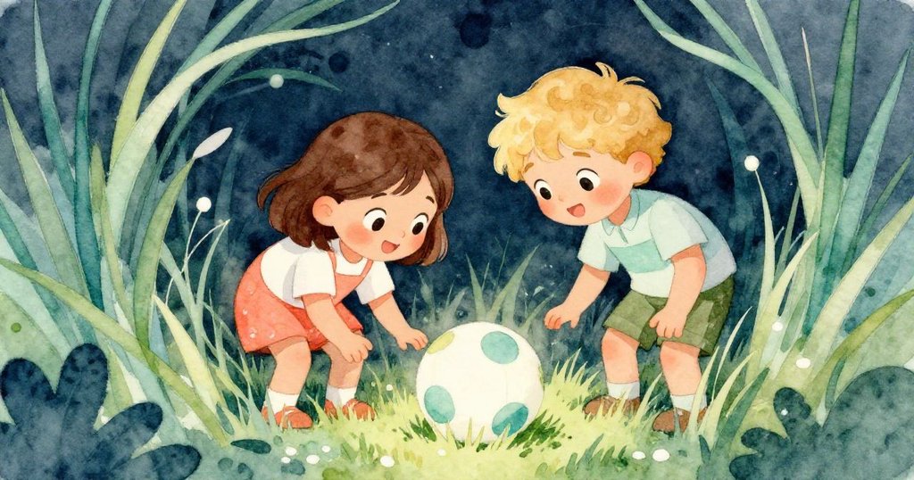 Mia和Leo在濃密高草中尋找隱藏的球，臉上滿是驚奇與期待，現場充滿神秘溫暖氛圍