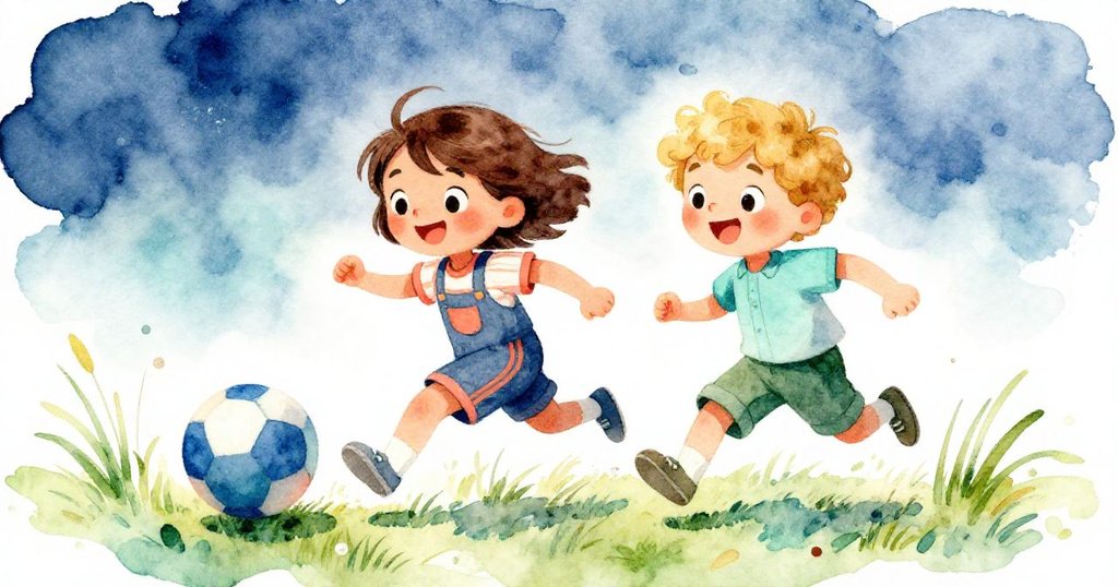 Mia和Leo快樂奔跑追逐滾動的球，動感十足的場景展現童趣和活力