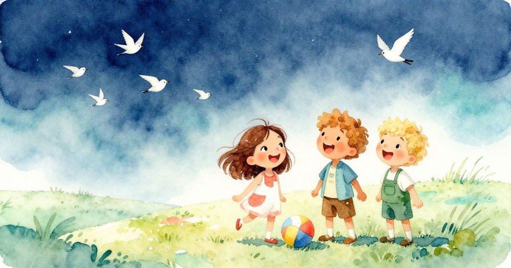 Mia和Leo在廣闊田野中笑鬧，球安靜地靠在腳邊，鳥群逐漸飛離，呈現溫馨開放的結局