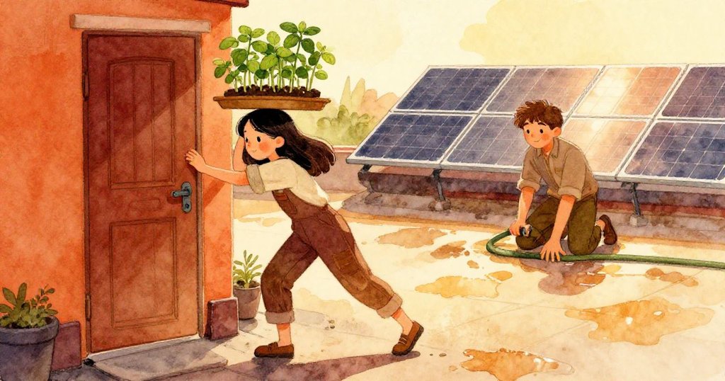 Mira用手肘推屋頂門，穩住托盤蘊含希望的羅勒苗，Jonas蹲旁操作水管，場景聚焦動感與光影交錯。