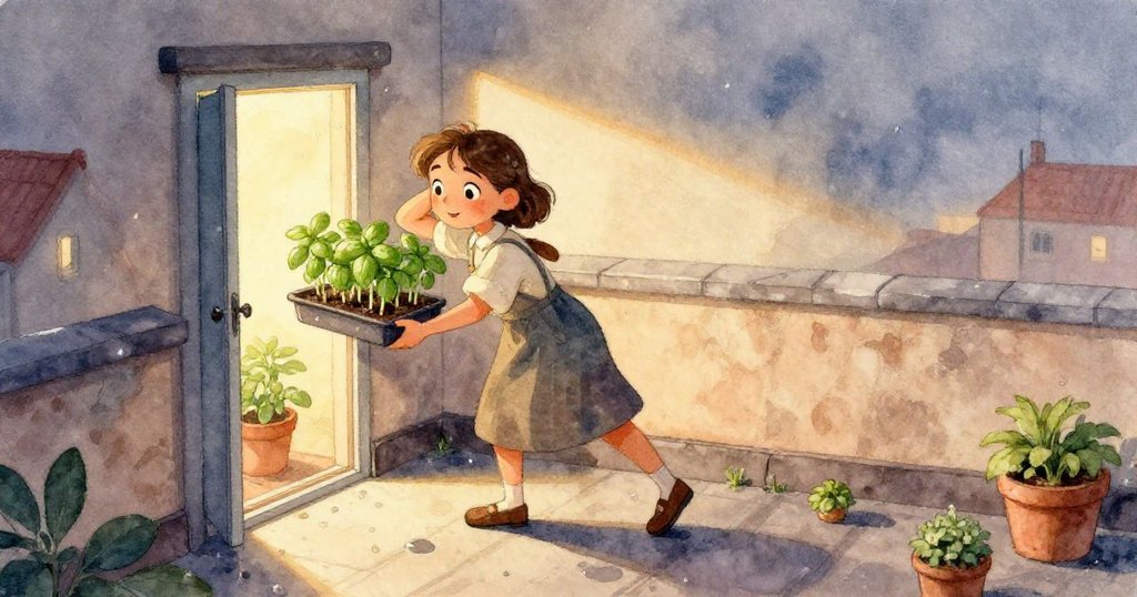 Mira的雙手細緻穩定苗盤上的羅勒苗，鏡頭特寫展現工具與植物交互，動作專注且溫柔。