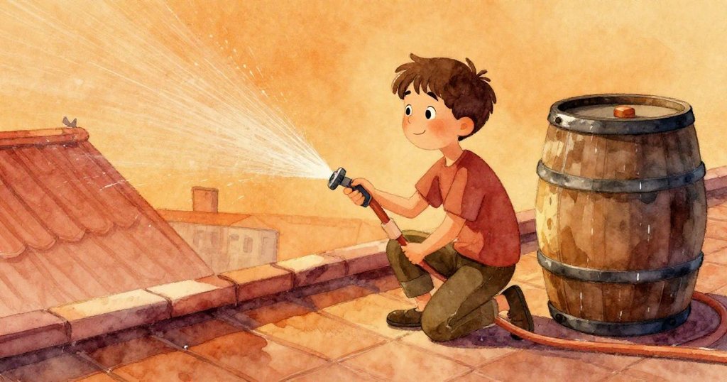 Jonas蹲在屋頂雨桶旁操作水管，低角度展現其堅定與微笑，衣袖隨風飄動，情緒充滿活力。