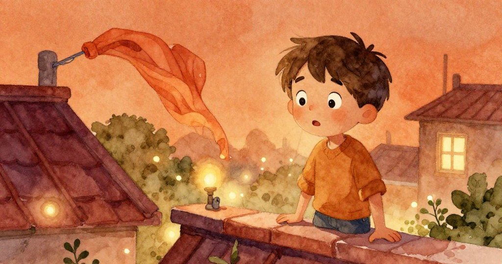 Jonas在屋頂邊緣注視飄動衣袖，背景中花園燈光初現閃爍，場景充滿驚喜與神秘氛圍。