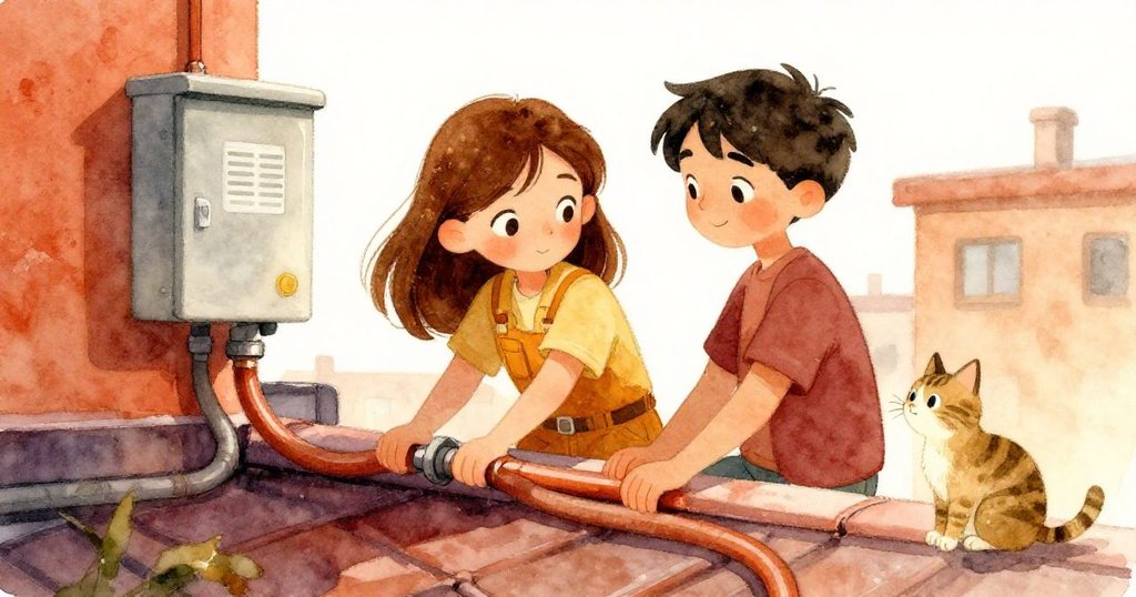 Mira與Jonas合力固定失控水管，微光控箱旁貓咪靜觀，場景展現合作緊張與溫馨氛圍。