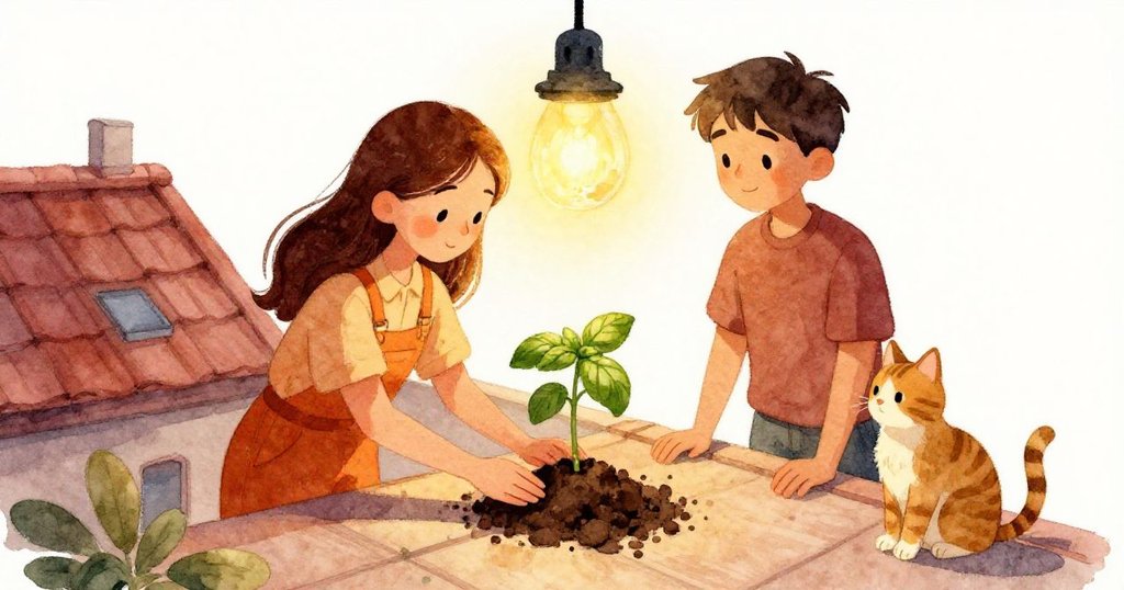 Mira細心將羅勒苗植於發光燈下，Jonas和貓咪安靜守望，屋頂恢復平靜，呈現希望與滿足的和諧結局。