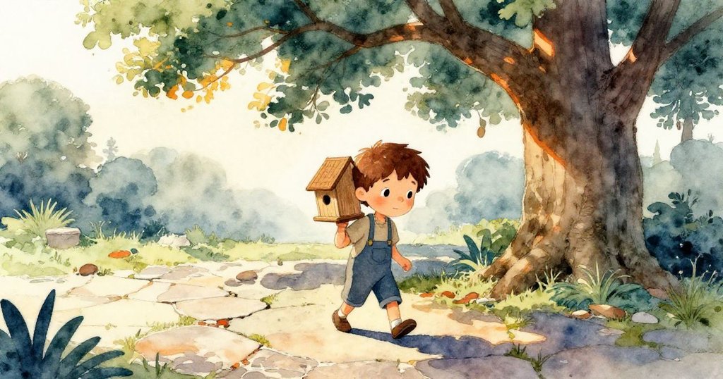 Leo在庭院內攜帶木製鳥屋，背景有高大橡樹與斑駁石板，表情專注，營造溫暖而生動的氛圍。