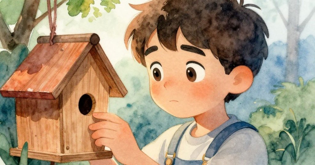 Leo凝視木製鳥屋，臉上展露出堅定與小小憂慮，背景柔和綠意，情感真摯動人。