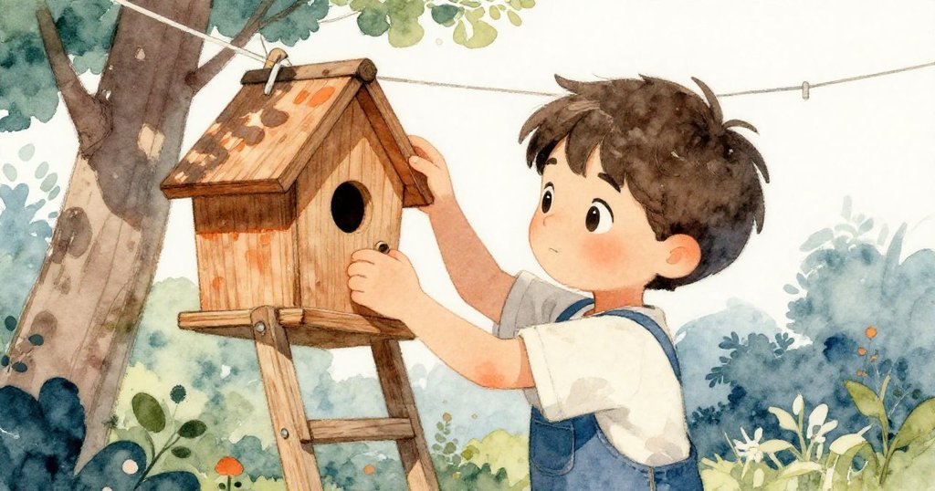 Leo於庭院中攀梯修補鳥屋，專心綁定洗衣繩，環境鄰近樹籬，動作專注充滿創意。