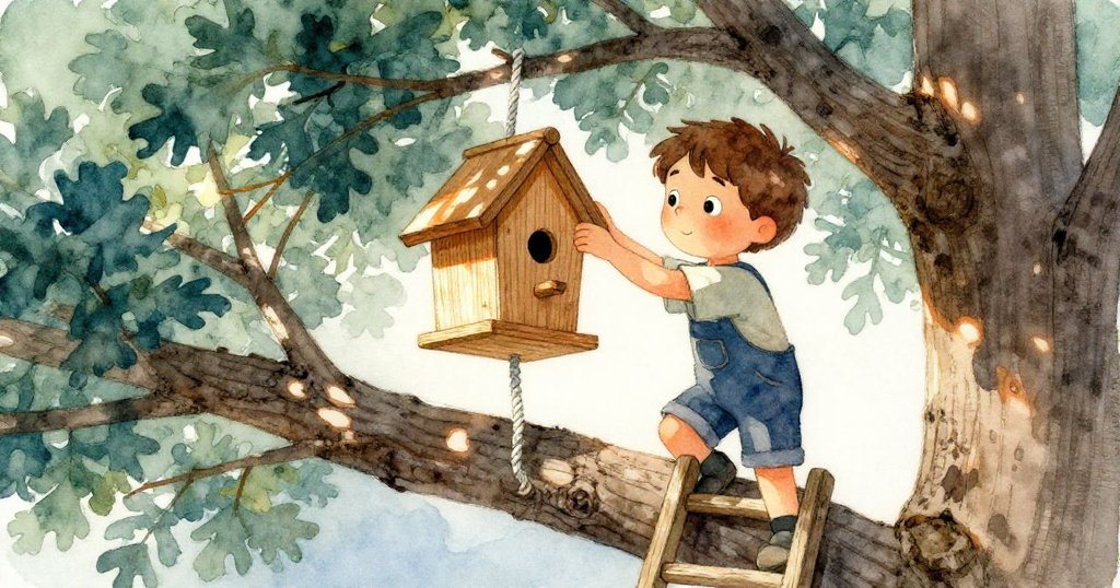 Leo攀爬梯子修補鳥屋，站在粗壯橡樹分枝上，陽光透過樹葉灑下，神情專注調整繩索。